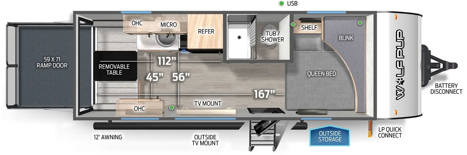 The Cherokee Black Label 18RJBBL floorplan is a toy hauler that has one entry and zero slide outs. Exterior features include: fiberglass exterior and 12' awning. Interiors features include: front bedroom.